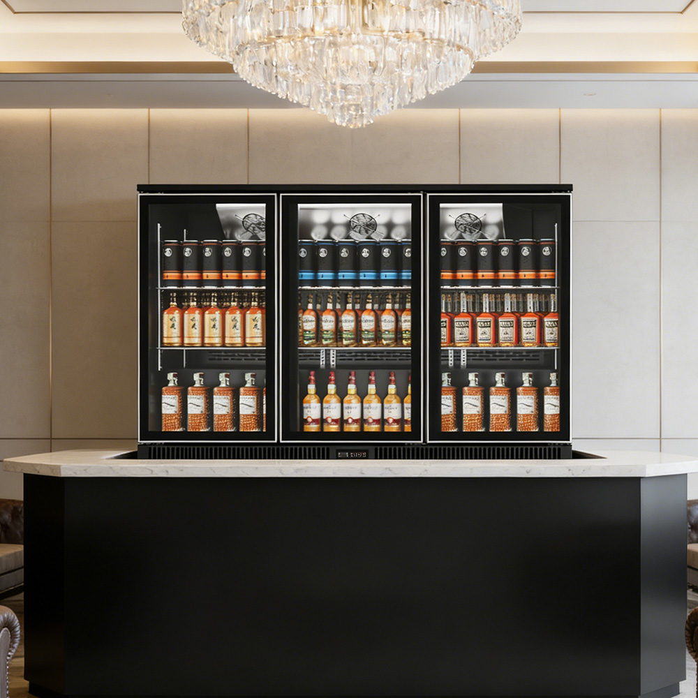 Wine Beer Fridge Under Counter - ミニ飲料クーラー冷蔵庫 3ドア バー冷蔵庫 ガラス扉 アンダーカウンター ビール冷蔵庫