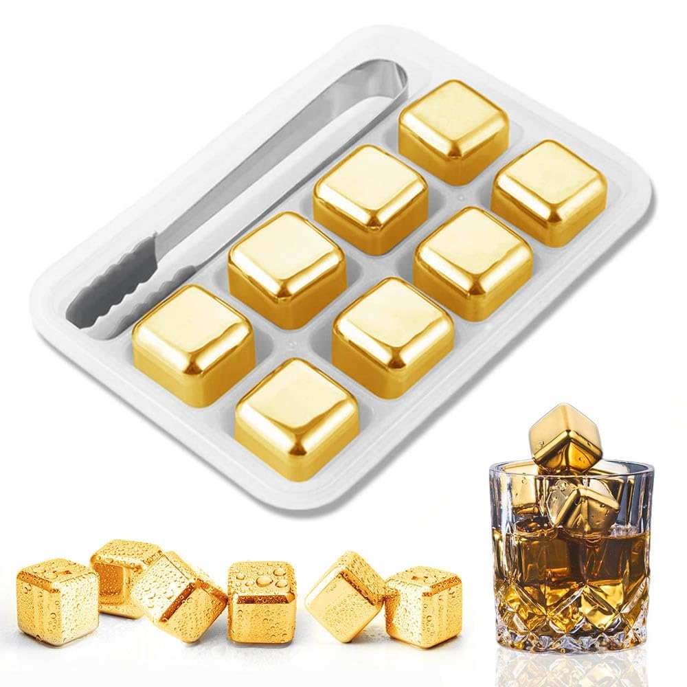 Whiskey Stone Set - ゴールドとシルバーのメタル冷却ロック 再利用可能なアイスキューブ ウイスキースチールアイスキューブ 304 ステンレススチール、ウォッカ用の収納ボックス付き