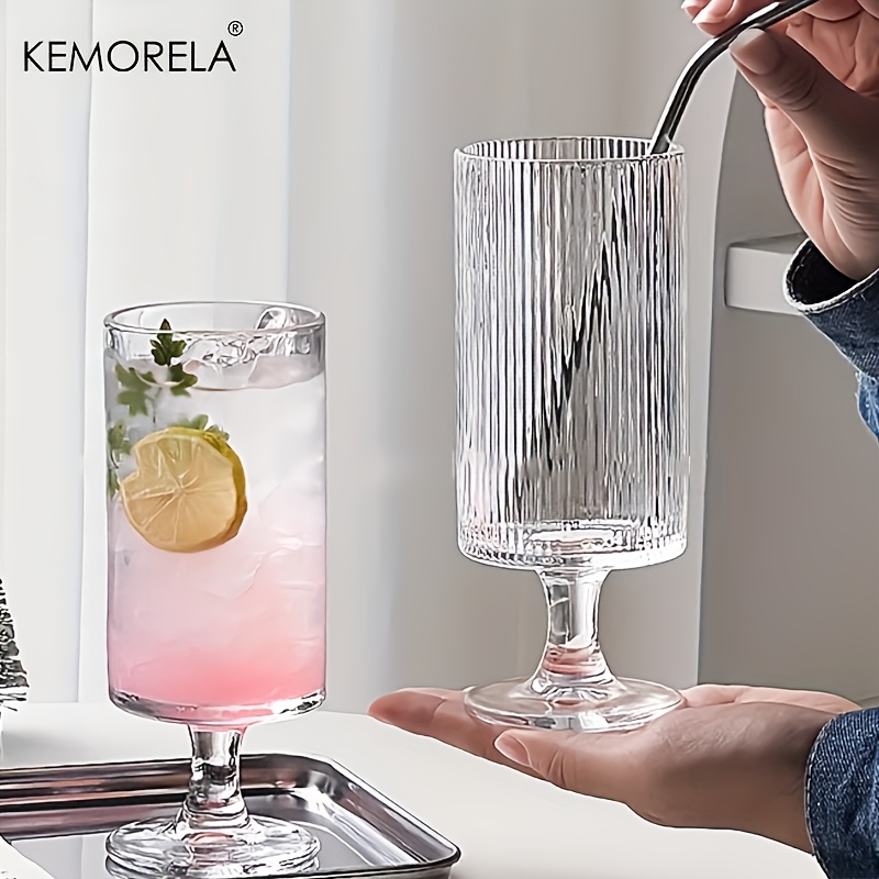 Wine Beer Foot - KEMORELA 1個入り エレガントなハイフットガラスカップ 縦縞デザイン - アイスコーヒー、ラテ、ジュース、ワインに最適