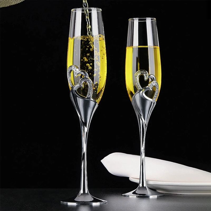Champagne Flute Pair - 2 個の結婚式のシャンパングラスセット乾杯フルートグラスクリスタル縁取りハート装飾ドリンクゴブレットカップ