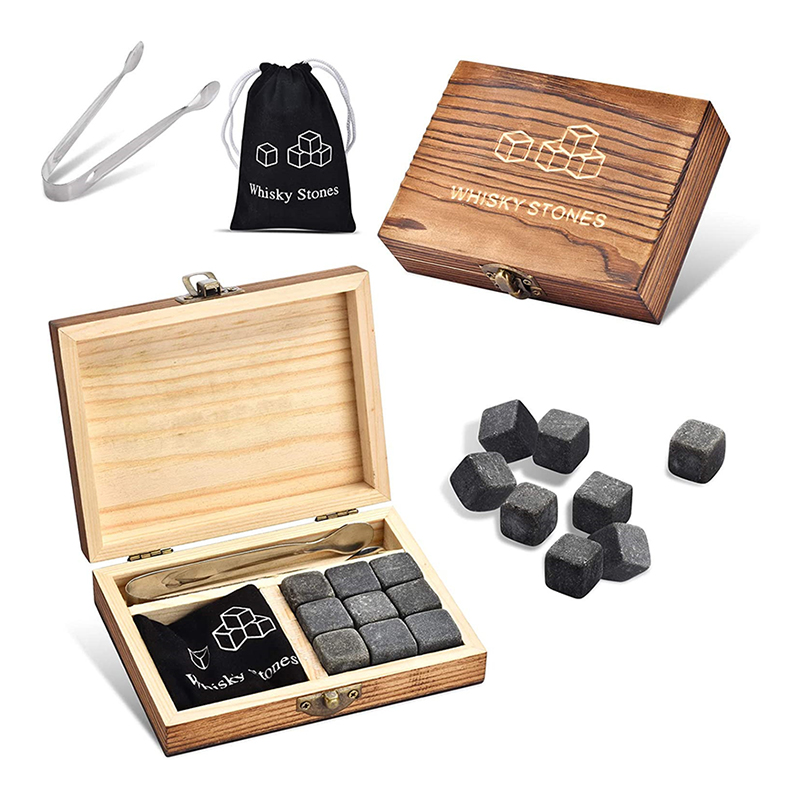 Whiskey Stone Set - 9個入りウイスキーアイスストーン 再利用可能な氷 ウイスキー冷却用氷 ウイスキー愛好家へのギフト 木製ボックス入りセット