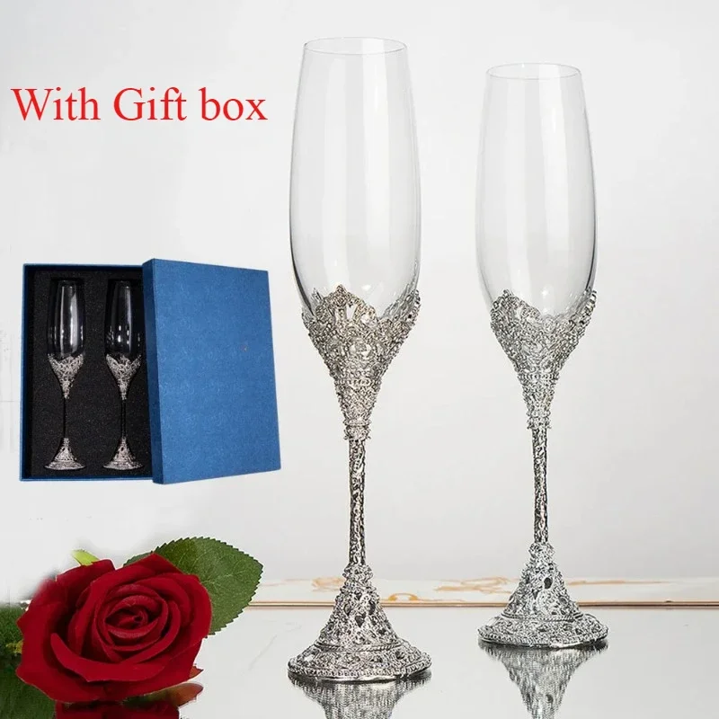 Champagne Flute Pair - ラインストーンの金属底を備えたシャンパングラスライト、新しいレリーフフルート、高級クリスタル、カップルのウェディングギフトに適しています