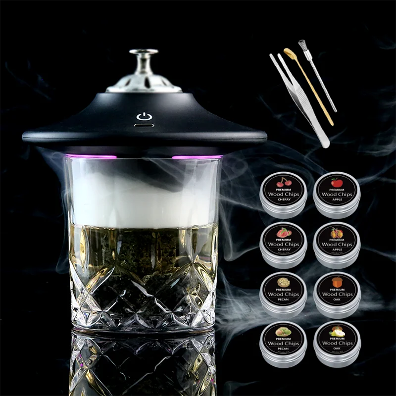 Whiskey Stone Set - 充電式電動カクテルスモーカーキット ウイスキースモーカーセット 8種類のウッドチップ アイスストーン バーボンウイスキー用アクセサリー