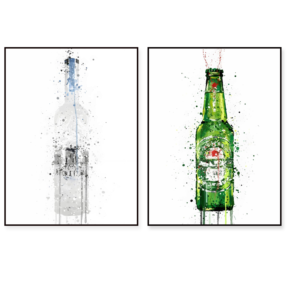 Beer Wine Gin - シャンパンアートポスター、ビール、ジン、ウイスキーボトル、シャンパンボトル水彩スプラッシュバーデコレーション、抽象的なワイン愛好家へのギフト