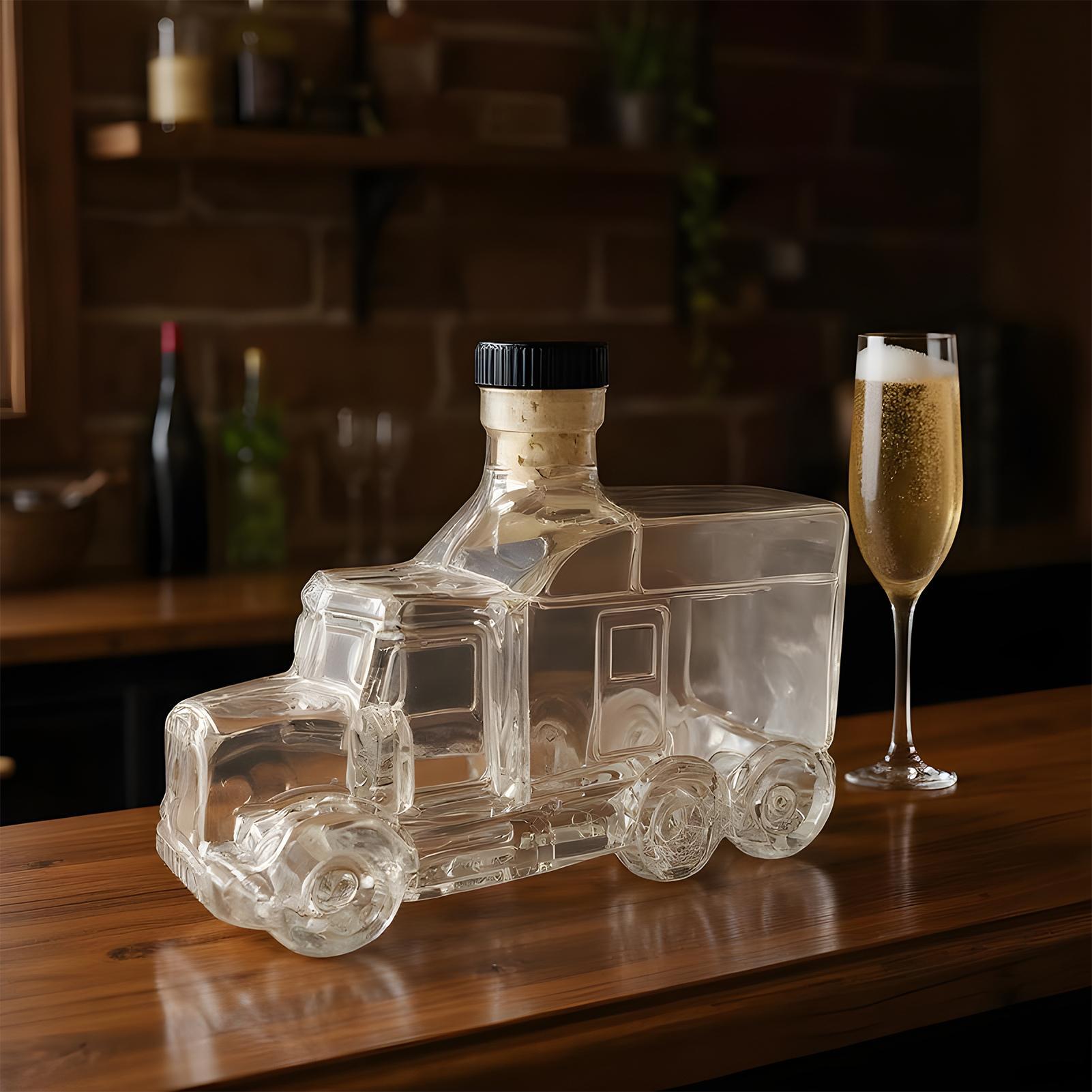 Wine To Beer To Liquor - 375ml装飾ボトルデカンタ、バーボンデカンタ、ウイスキー容器、ハーフトラック装飾、ストッパー付き、リキュール、ビール、ワイン、ホスティング用
