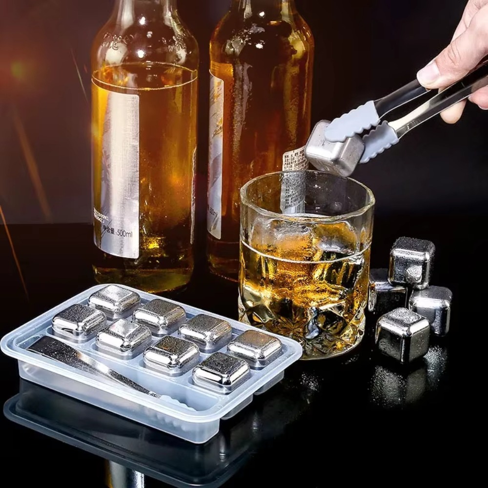 Whiskey Stone Set - 4/6/8個入りステンレス製アイスキューブセット、再利用可能なウイスキー・ワイン冷却用ストーン、冷却ロック、パーティーバーツール