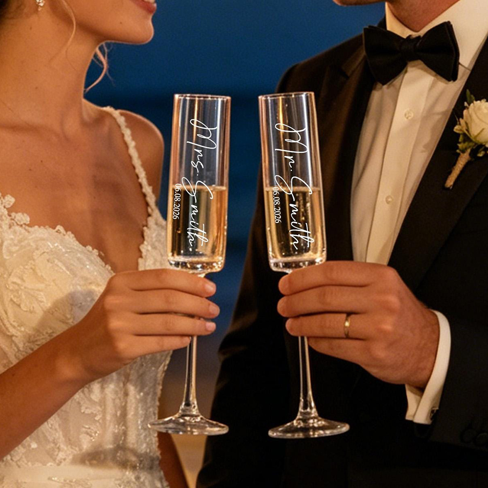 カスタムウェディングシャンパンフルート2個セット　名入れ結婚 - Champagne Flute Pair のレビューと価格