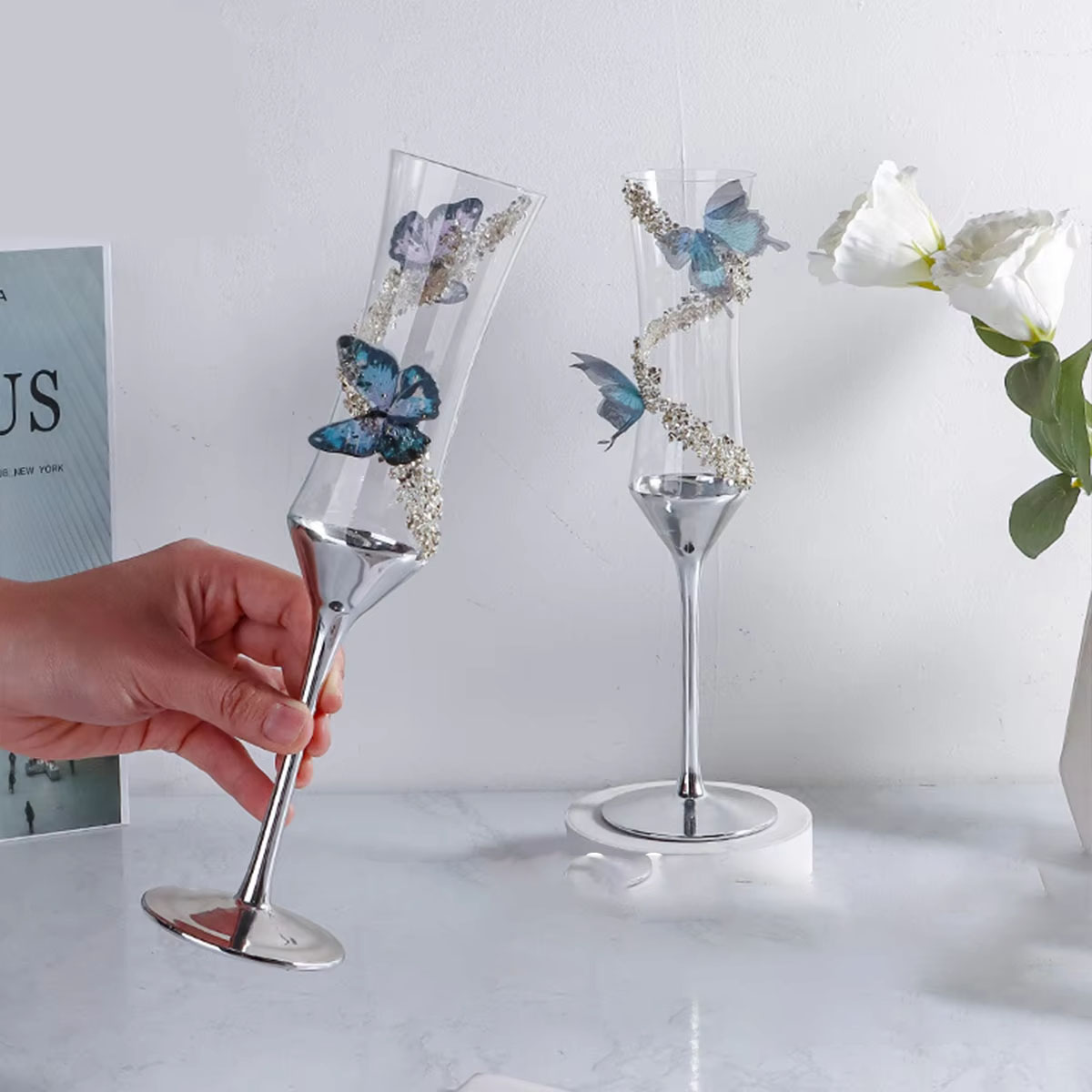 蝶の形をしたシャンパングラス、電気メッキ加工、家庭用クリスタ - Champagne Flute Pair のレビューと価格